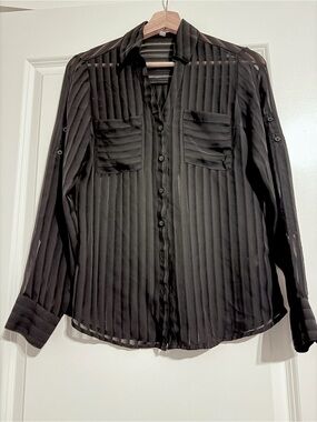 Express Portofino Black Sheer Vertical-Striped Button-Down Shirt